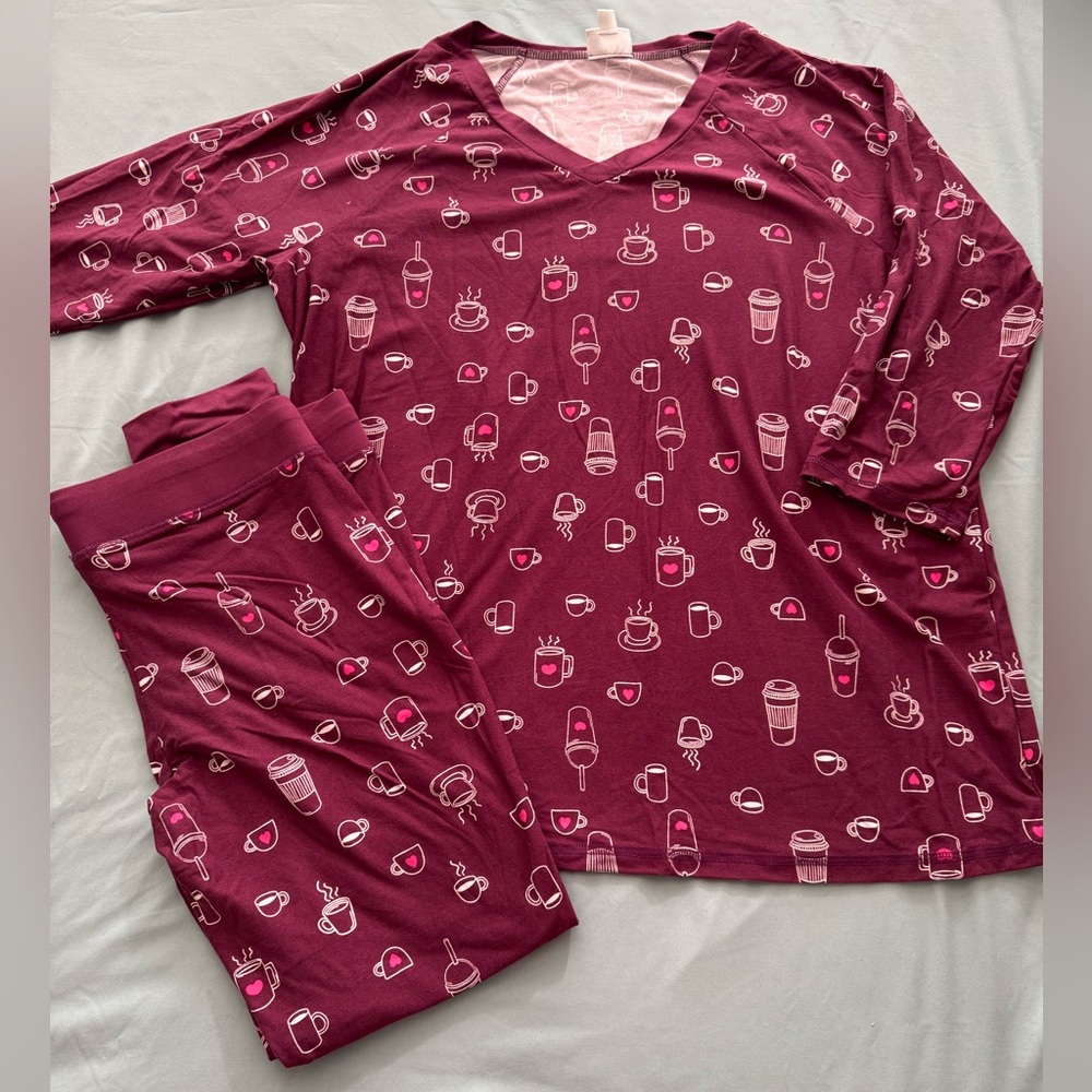 LuLaRoe Burgundy Pajama Set with Coffee Print